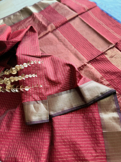 Maroon and Gold Checks Maheshwari Saree