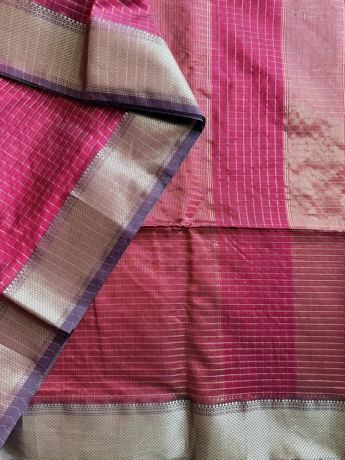 Maroon and Gold Checks Maheshwari Saree