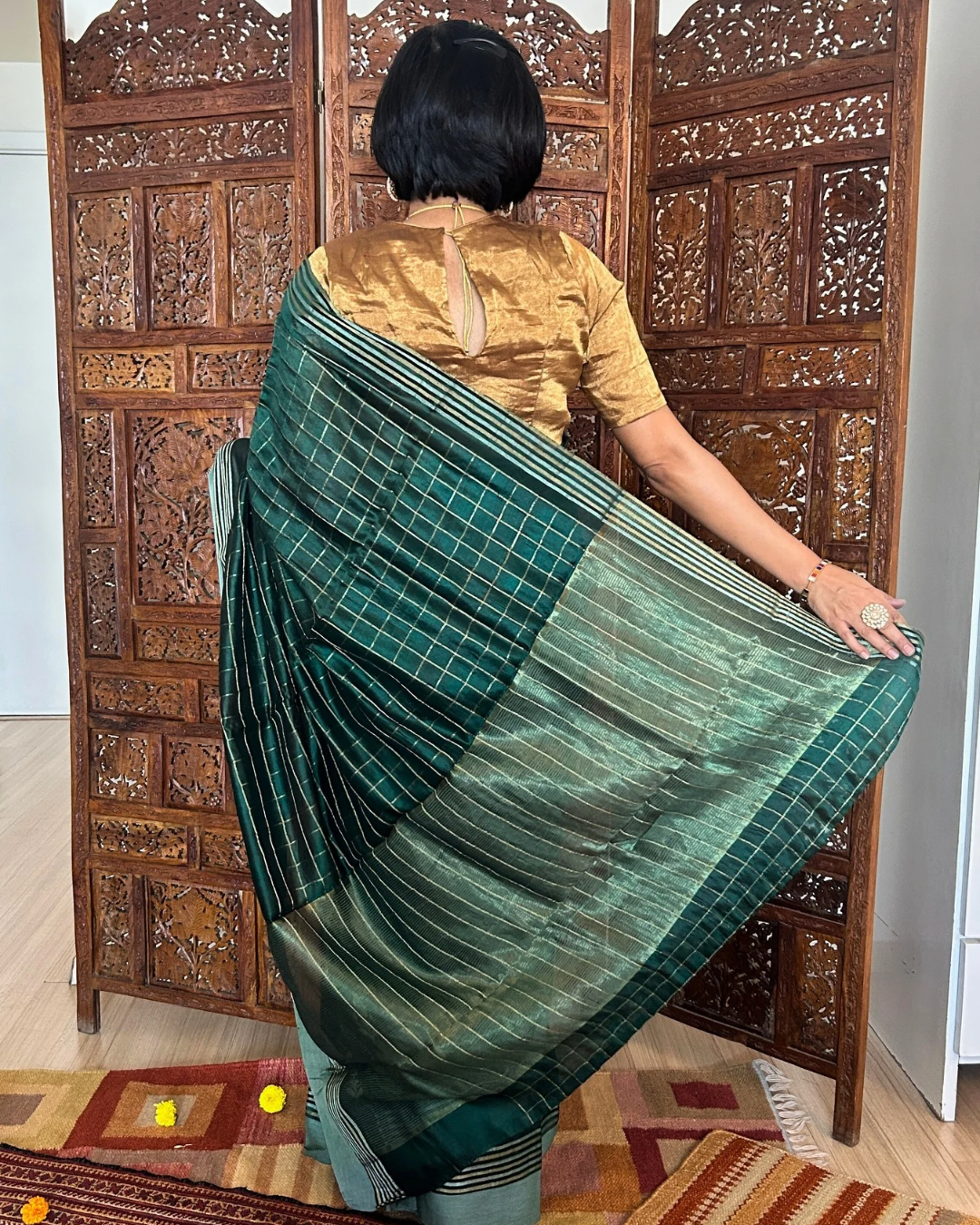 Checks and Flowers Bottle Green Chanderi Silk Saree