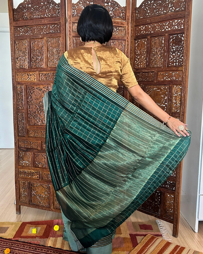 Checks and Flowers Bottle Green Chanderi Silk Saree