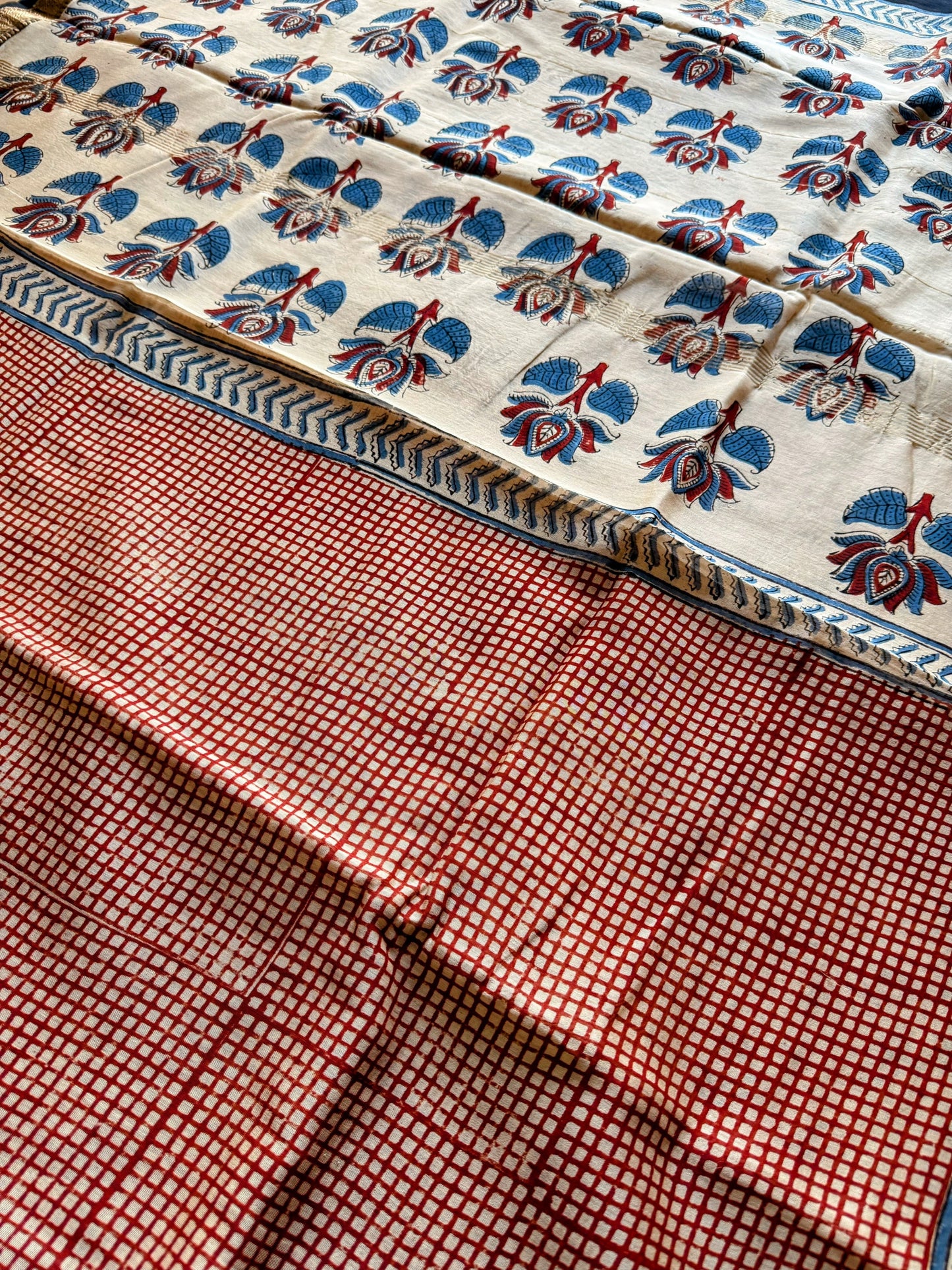 Red Checkered Bagru Cotton Silk Saree