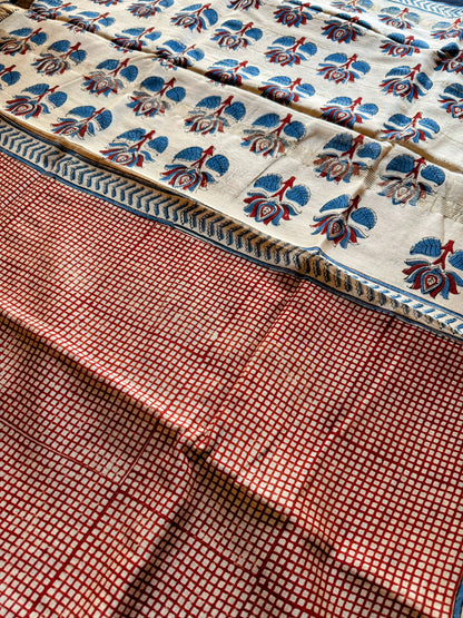 Red Checkered Bagru Cotton Silk Saree