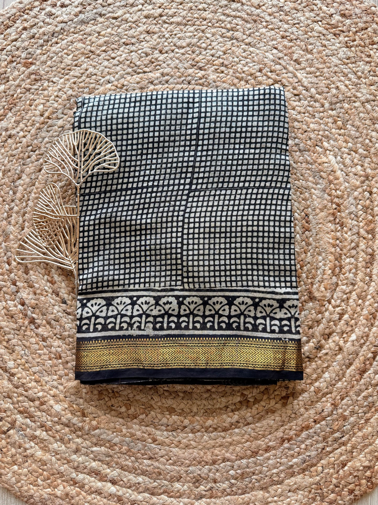 Black Checkered Bagru Cotton Silk Saree