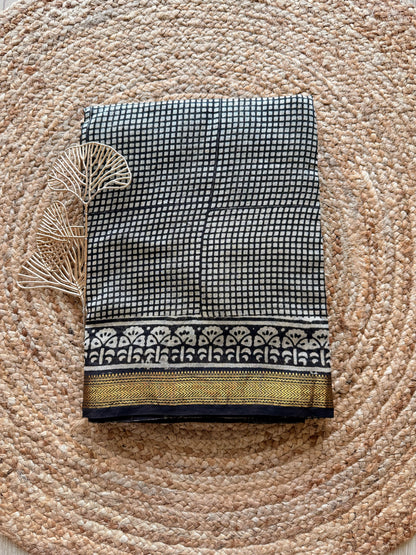 Black Checkered Bagru Cotton Silk Saree