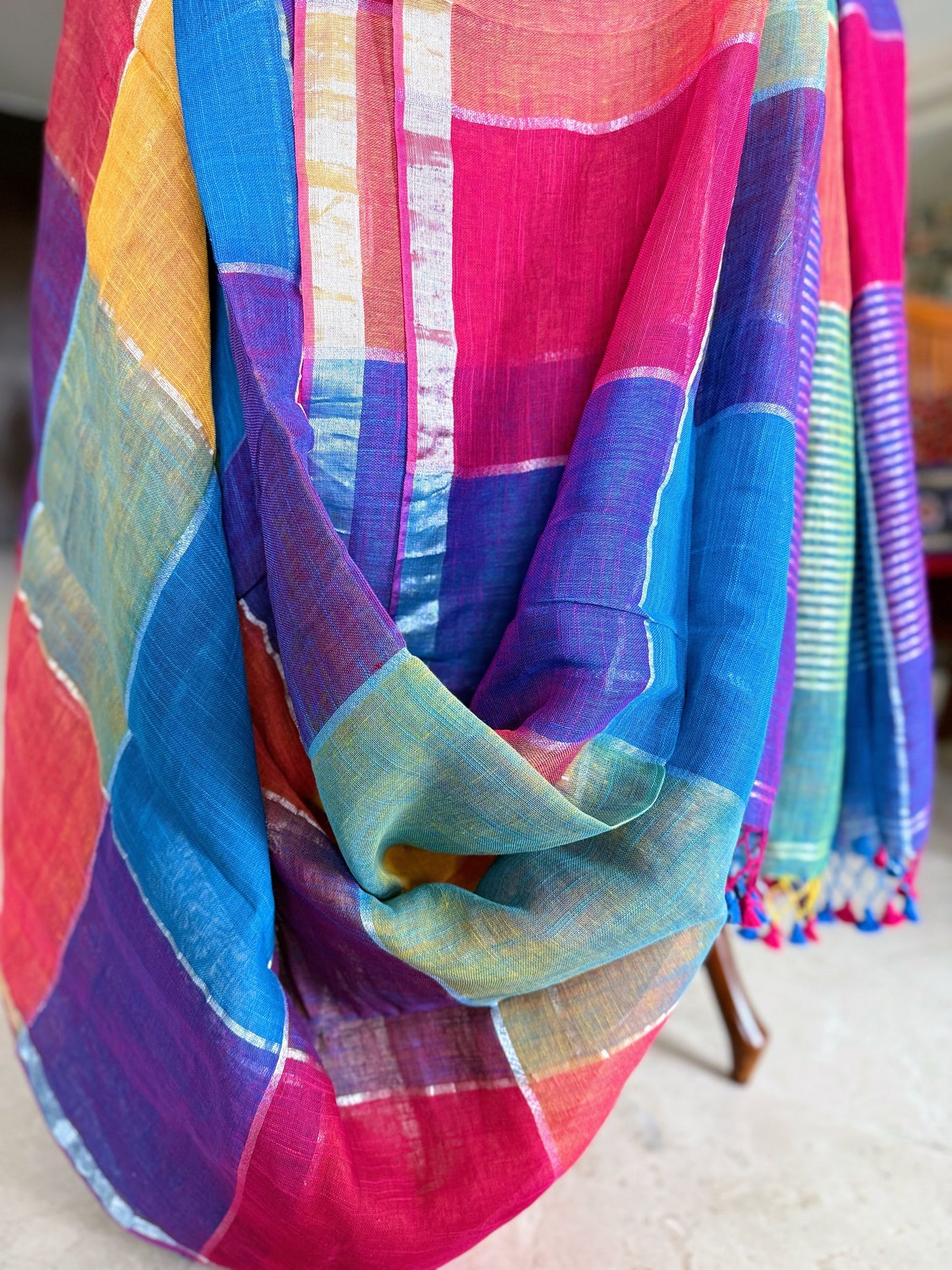 Red, Blue and Purple Linen Check Saree
