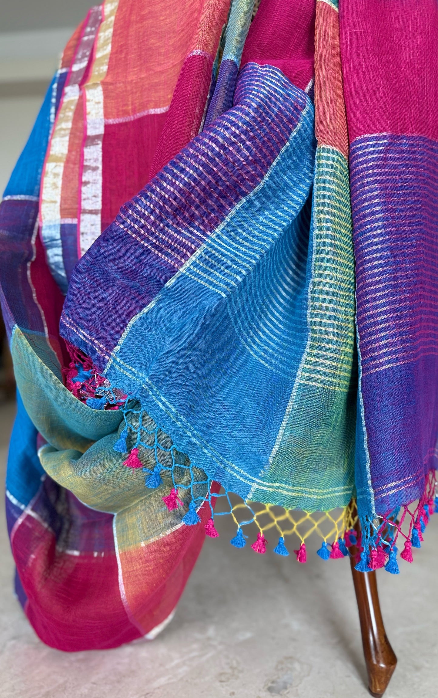 Red, Blue and Purple Linen Check Saree