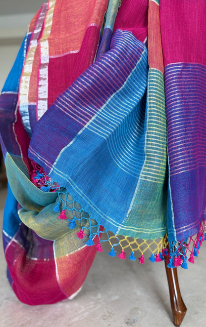 Red, Blue and Purple Linen Check Saree