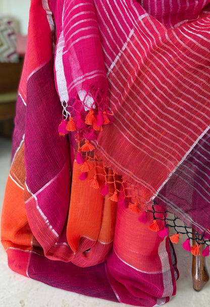 Browns, Pinks and Reds Linen Check Saree