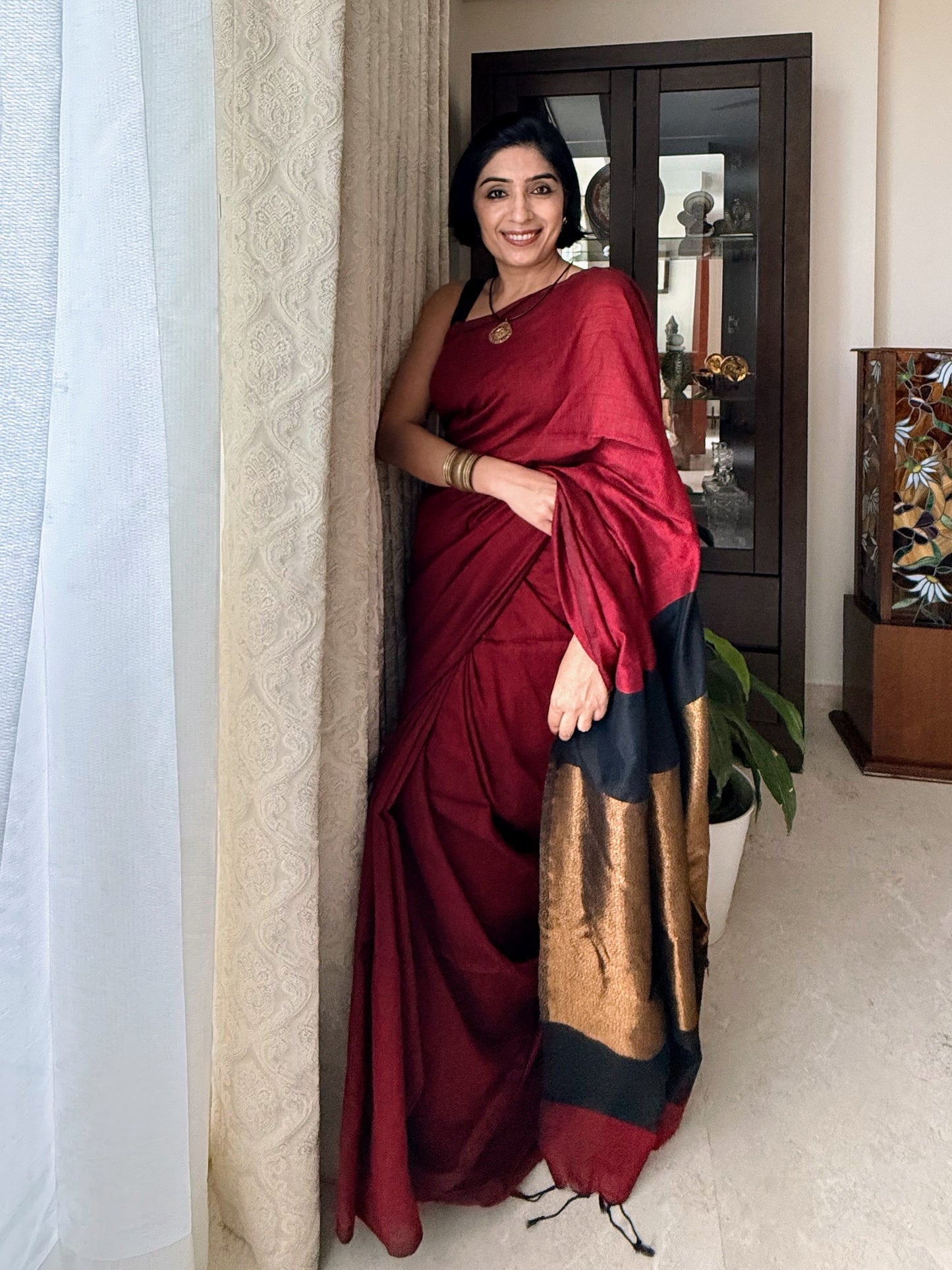 Deep Red Khadi Cotton Saree