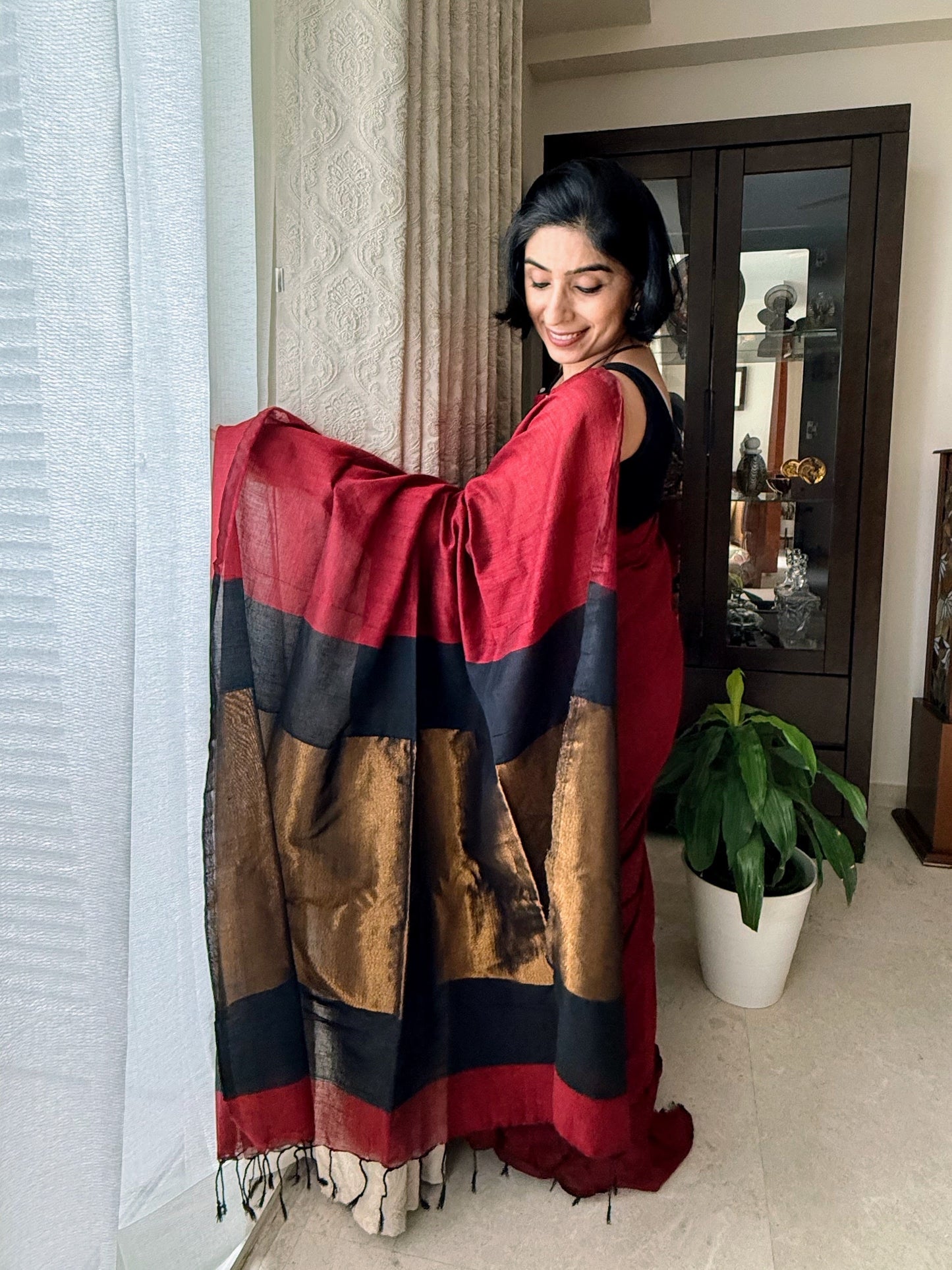 Deep Red Khadi Cotton Saree