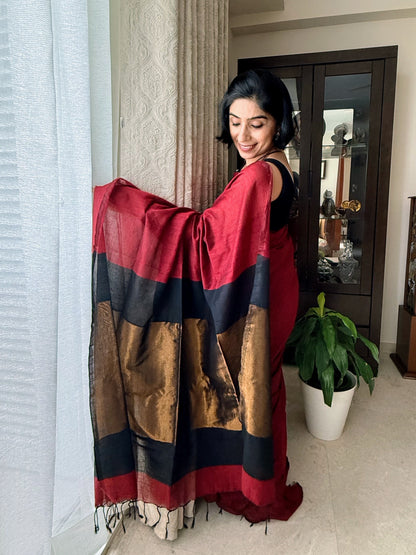 Red Khadi Cotton Saree with Copper Palla