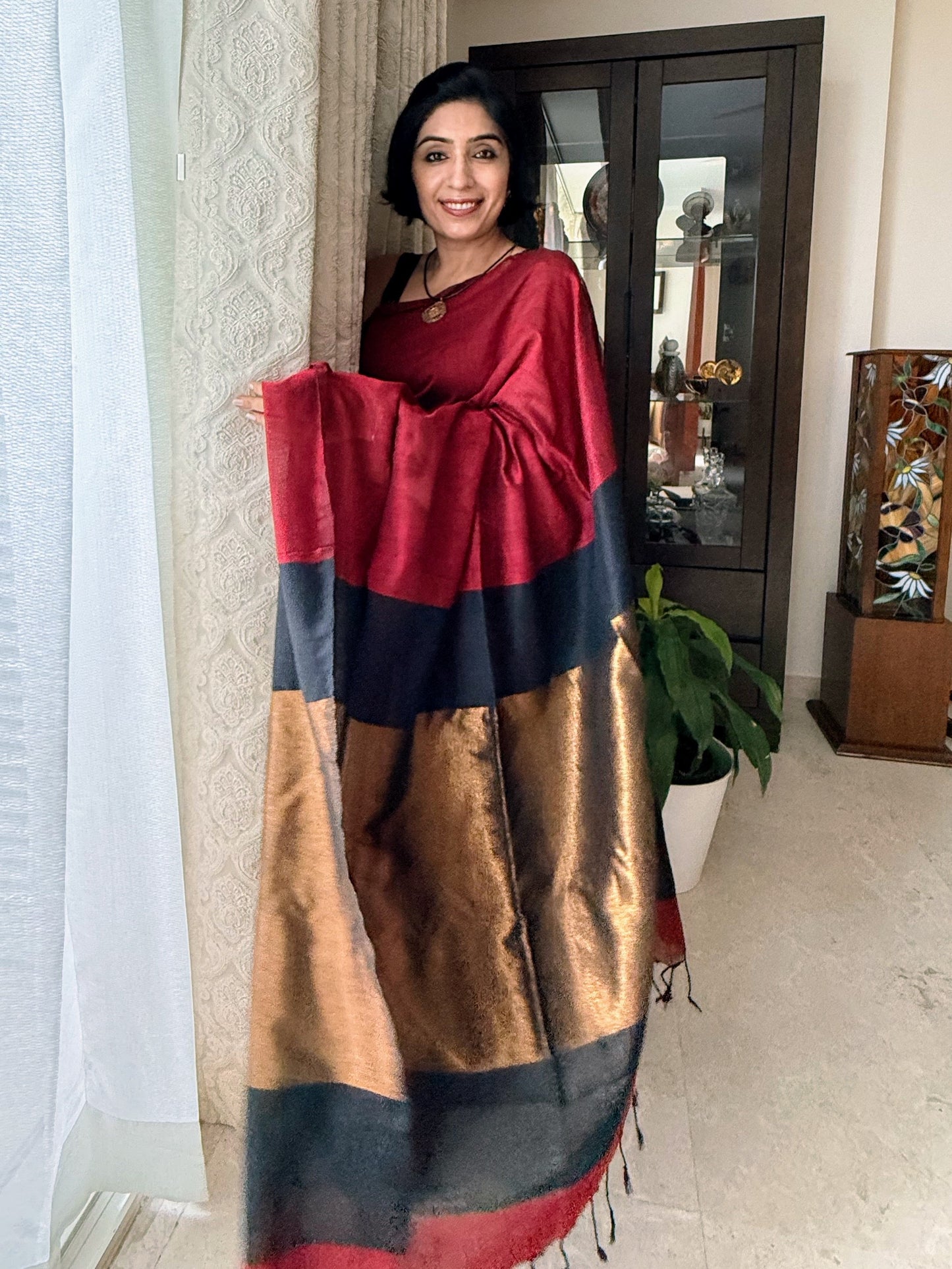 Deep Red Khadi Cotton Saree
