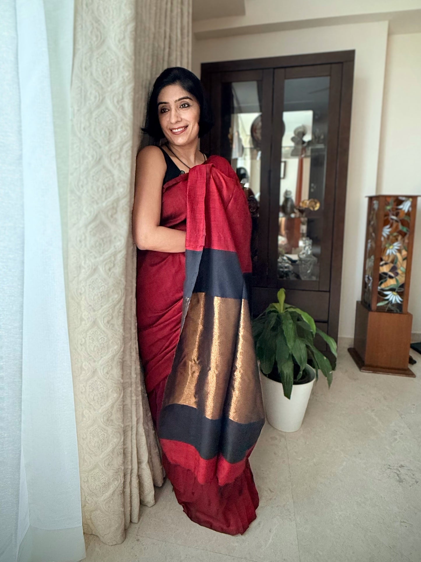 Red Khadi Cotton Saree with Copper Palla