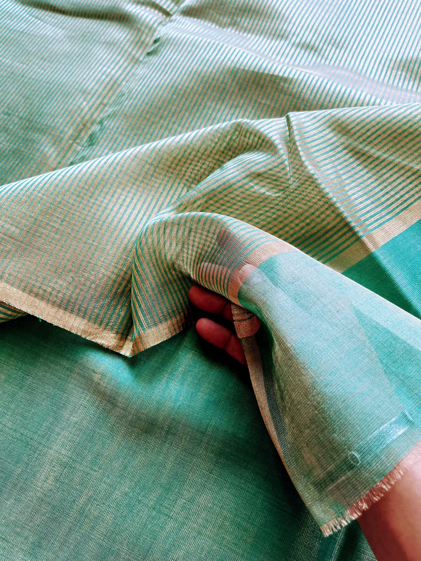 Green and Gold Cotton Tissue Saree