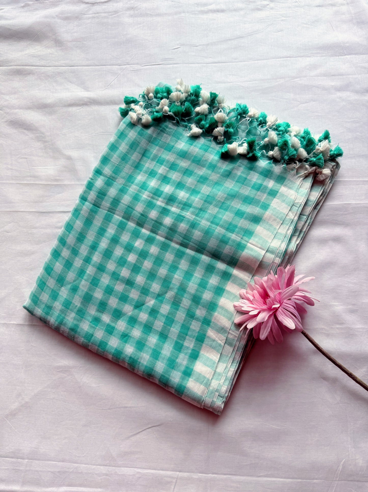 Mint Blue and White Gingham Check Mul Cotton Saree