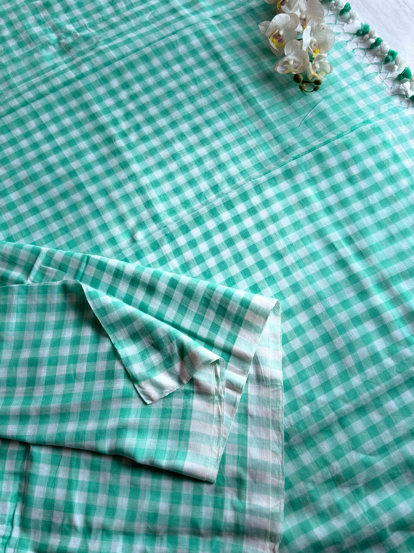 Mint Blue and White Gingham Check Mul Cotton Saree