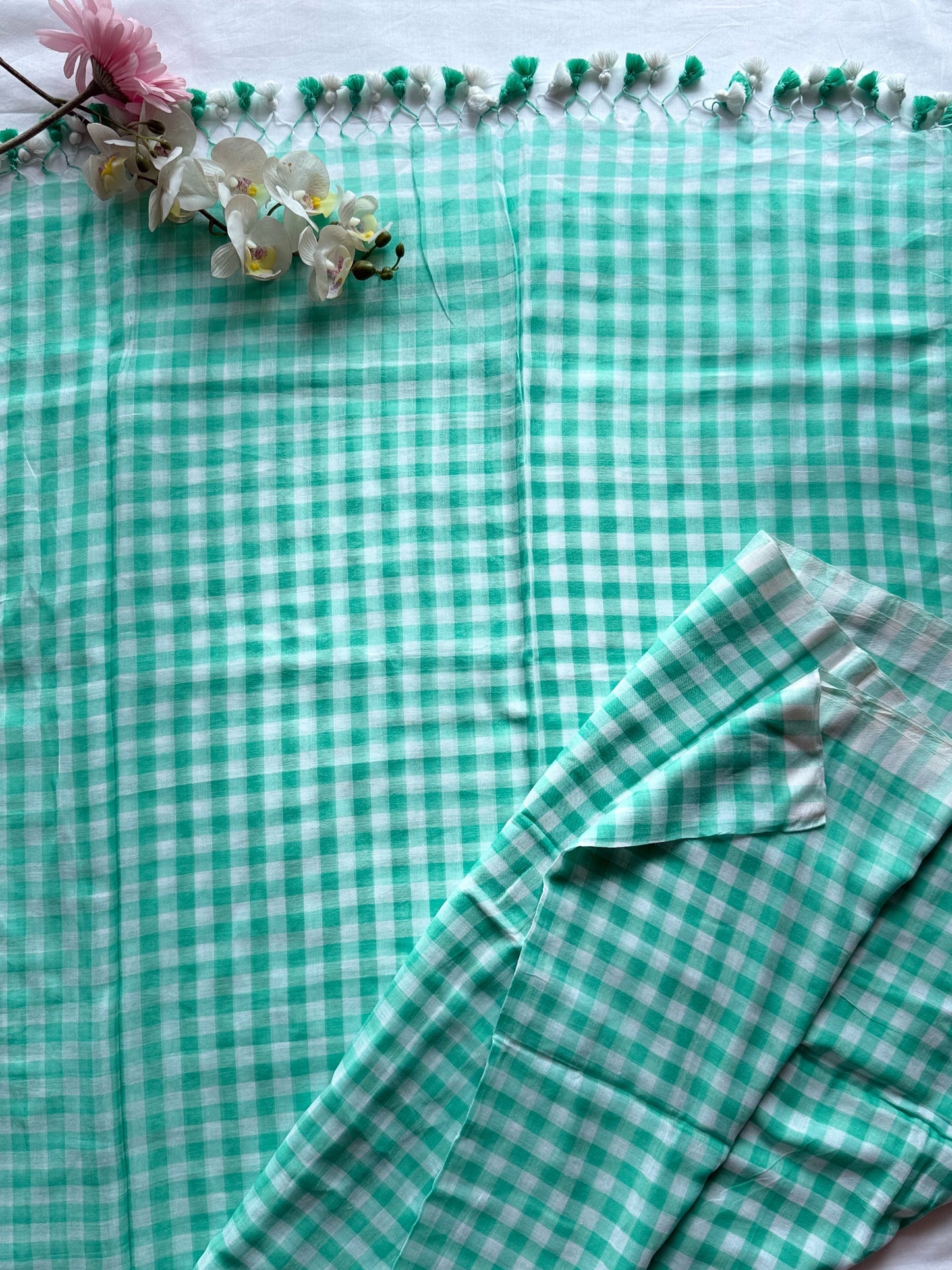 Mint Blue and White Gingham Check Mul Cotton Saree