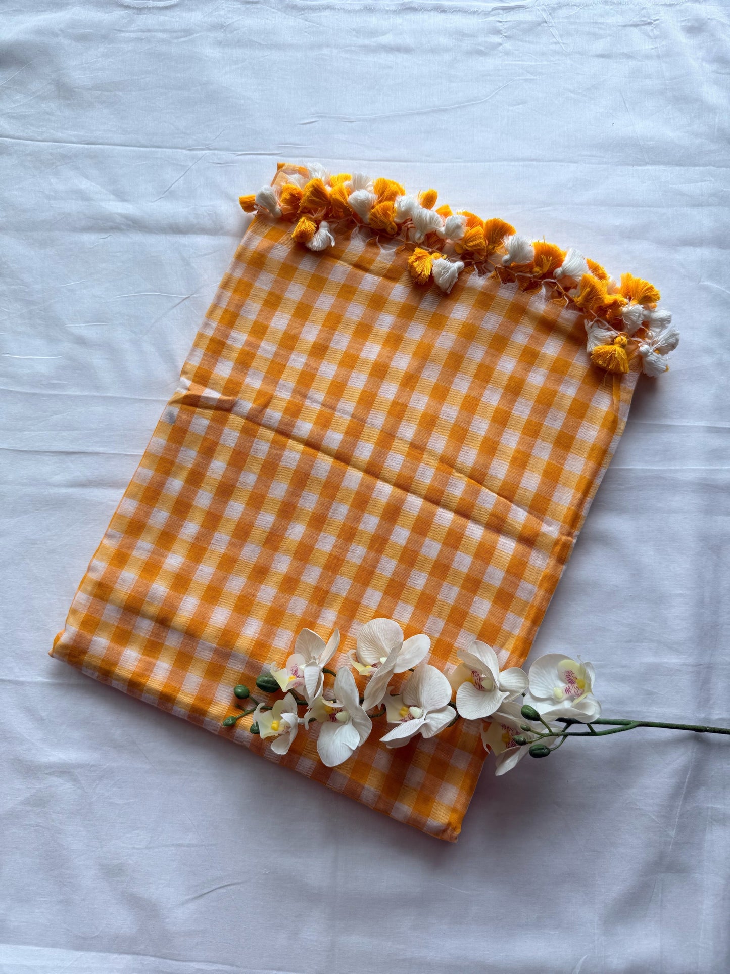 Yellow and White Gingham Check Mul Cotton Saree