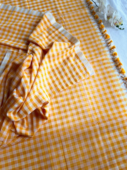 Yellow and White Gingham Check Mul Cotton Saree