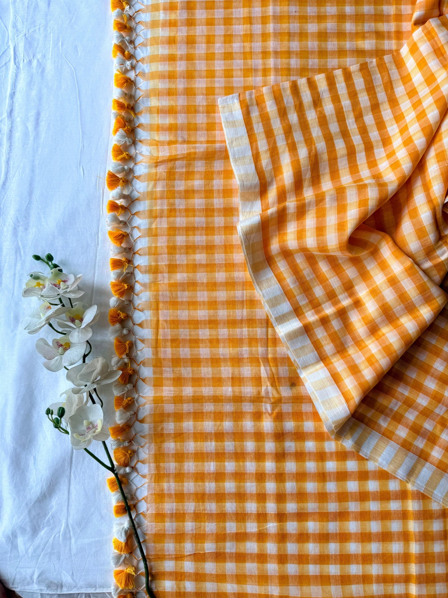 Yellow and White Gingham Check Mul Cotton Saree