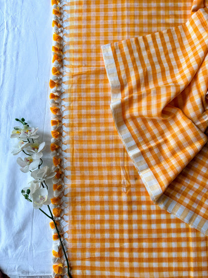 Yellow and White Gingham Check Mul Cotton Saree