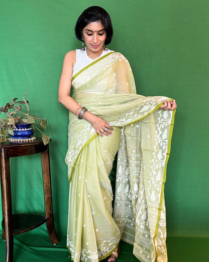 Green and White Cotton Jamdani Saree