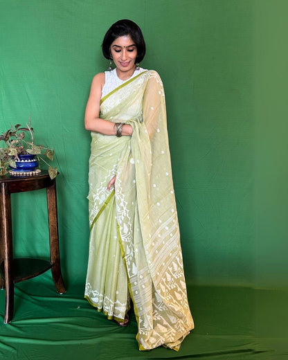 Green and White Cotton Jamdani Saree