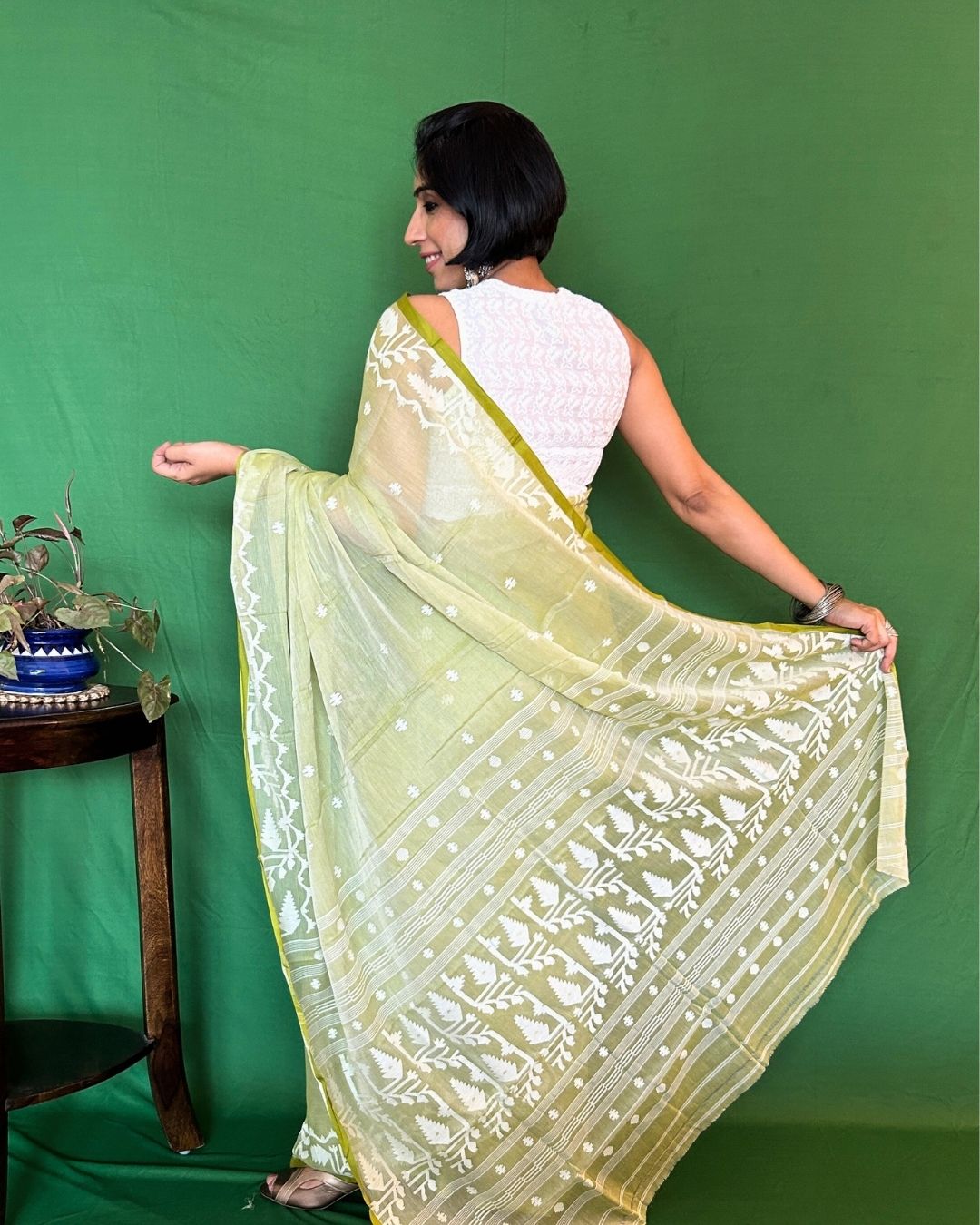 Green and White Cotton Jamdani Saree