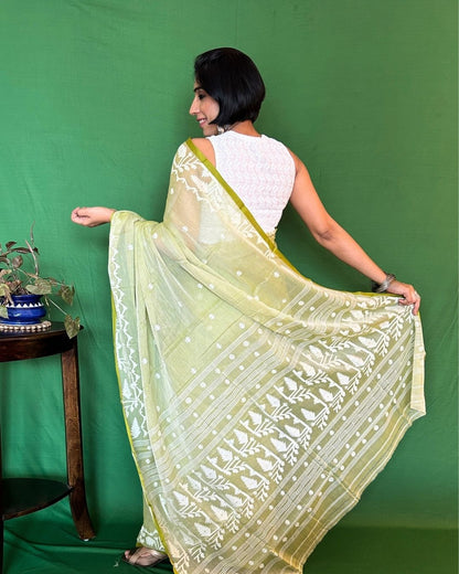Green and White Cotton Jamdani Saree