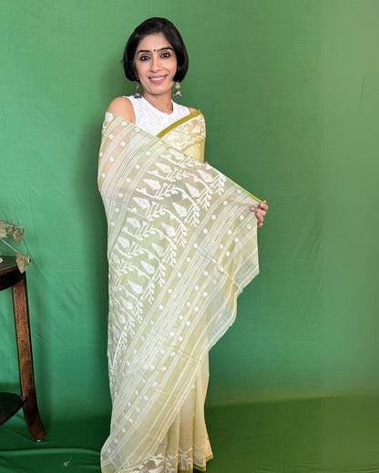 Green and White Cotton Jamdani Saree