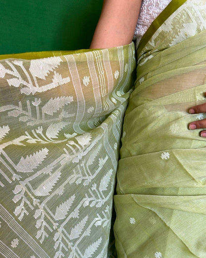 Green and White Cotton Jamdani Saree
