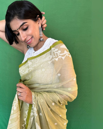 Green and White Cotton Jamdani Saree