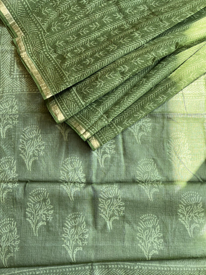 Stripes in Olive Green Bagru Kota Doriya Saree