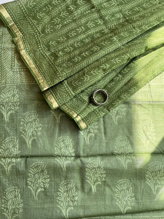 Stripes in Olive Green Bagru Kota Doriya Saree