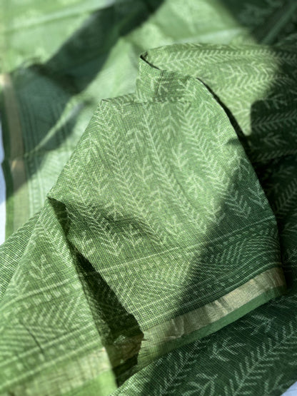 Stripes in Olive Green Bagru Kota Doriya Saree