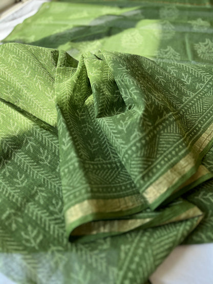 Stripes in Olive Green Bagru Kota Doriya Saree