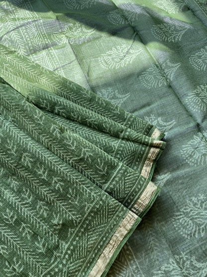 Stripes in Olive Green Bagru Kota Doriya Saree