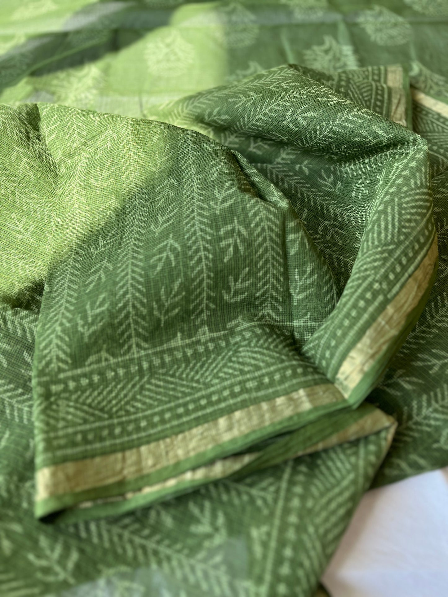 Stripes in Olive Green Bagru Kota Doriya Saree