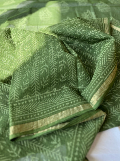 Stripes in Olive Green Bagru Kota Doriya Saree
