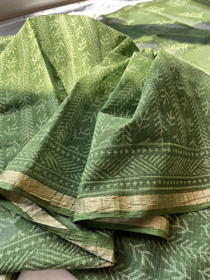 Stripes in Olive Green Bagru Kota Doriya Saree