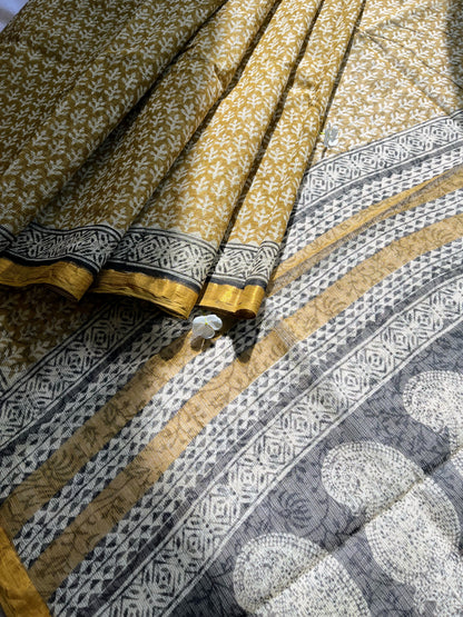 Mustard and Black Bagru Kota Doriya Saree