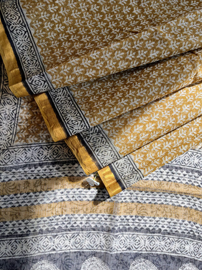 Mustard and Black Bagru Kota Doriya Saree