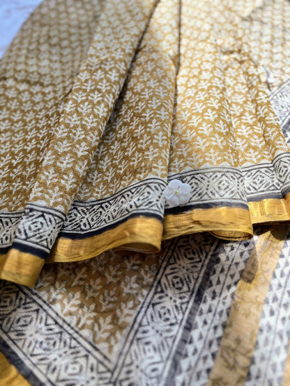 Mustard and Black Bagru Kota Doriya Saree