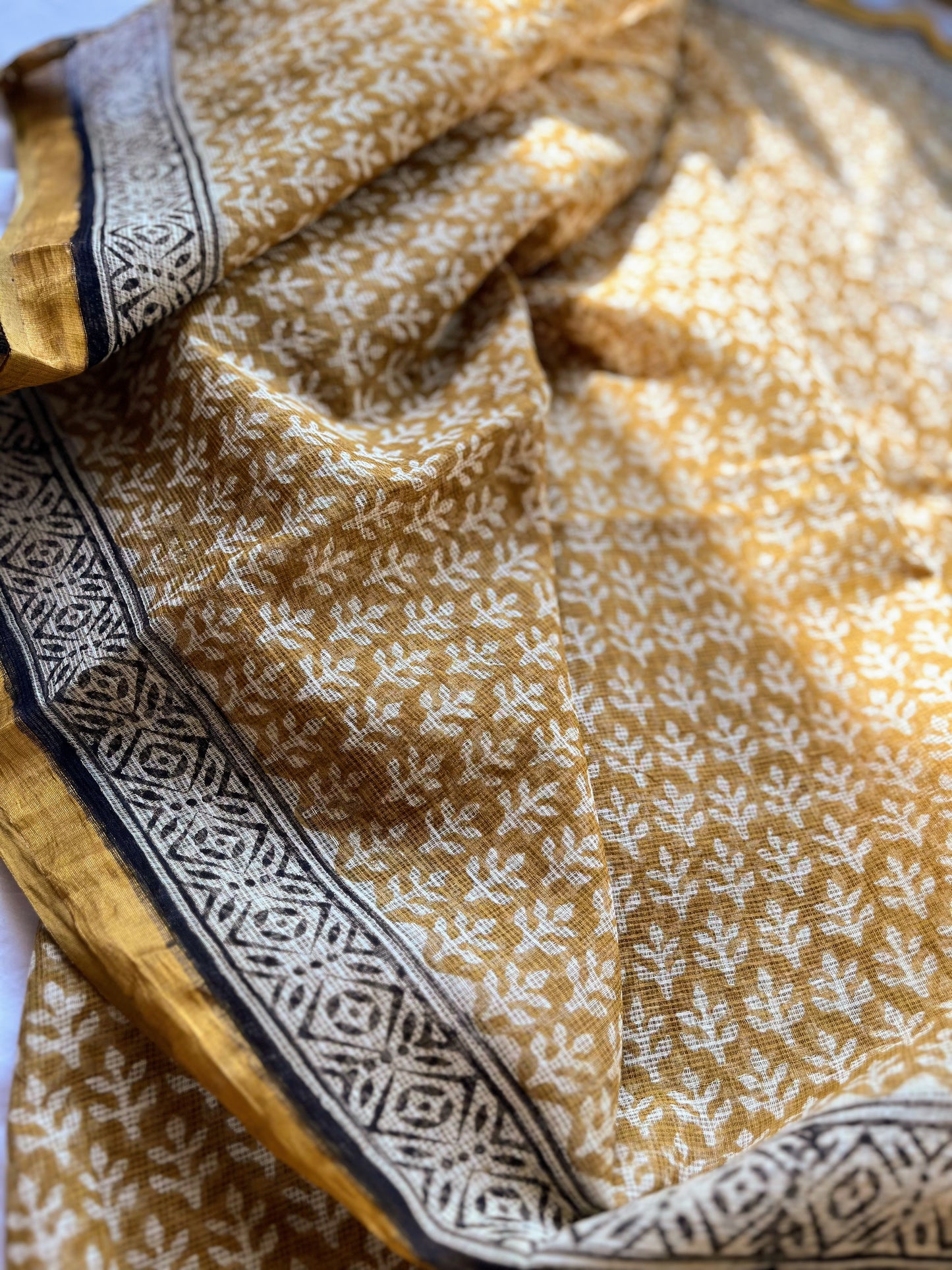 Mustard and Black Bagru Kota Doriya Saree