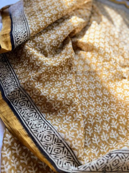 Mustard and Black Bagru Kota Doriya Saree