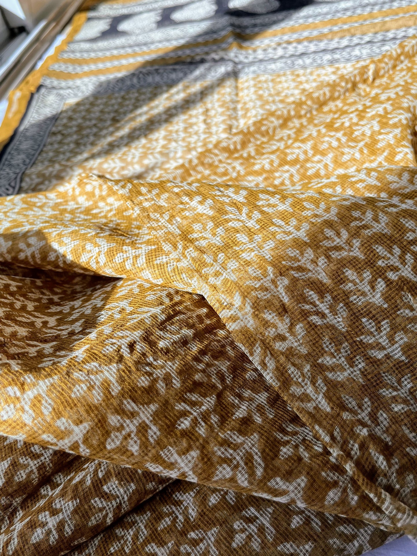 Mustard and Black Bagru Kota Doriya Saree