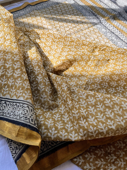 Mustard and Black Bagru Kota Doriya Saree