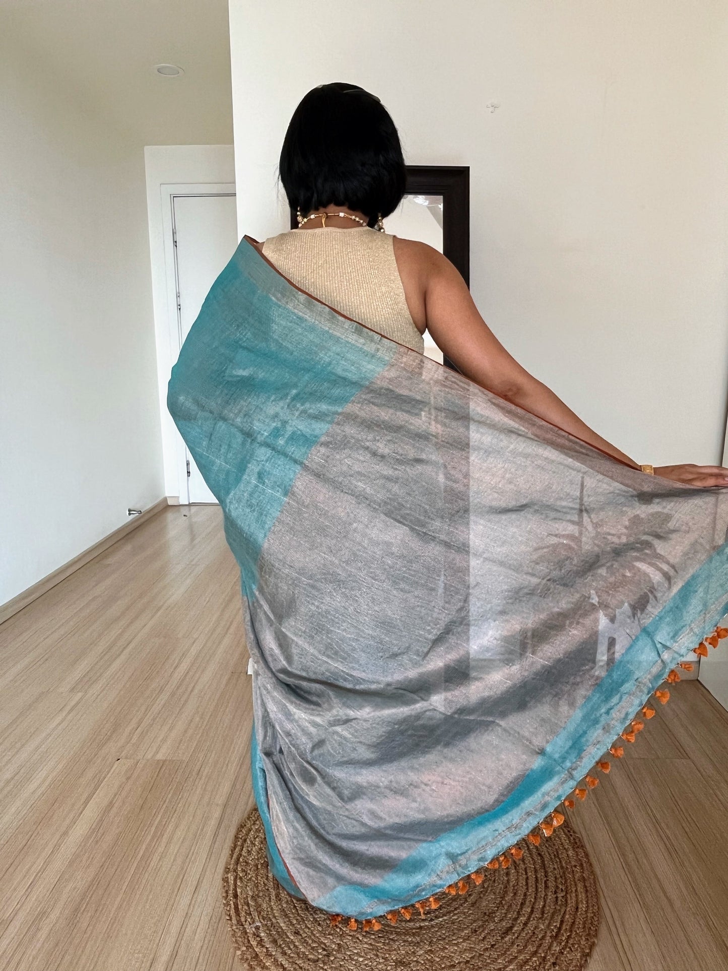 Aqua Blue Linen Tissue Saree