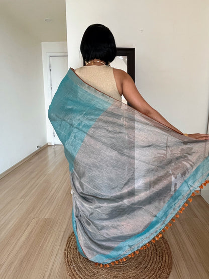 Aqua Blue Linen Tissue Saree