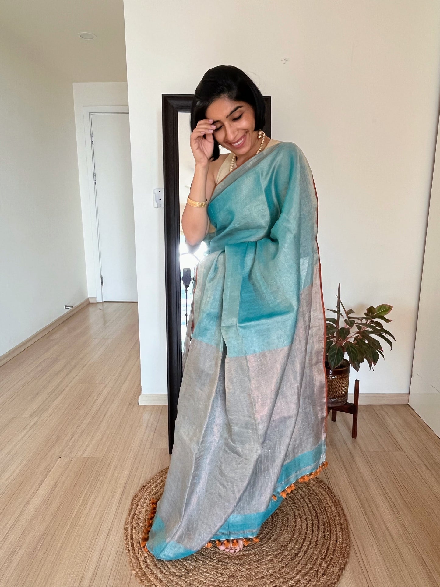 Aqua Blue Linen Tissue Saree
